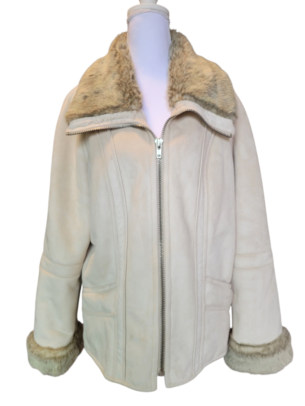 ESPRIT Cream Tan Faux Fur Faux Suede Zip Up Winter Coat Jacket